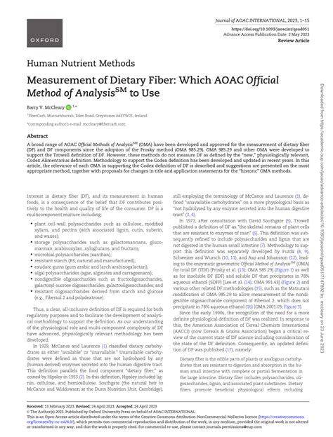 Measurement of Dietary Fiber: Which AOAC Official Method of 